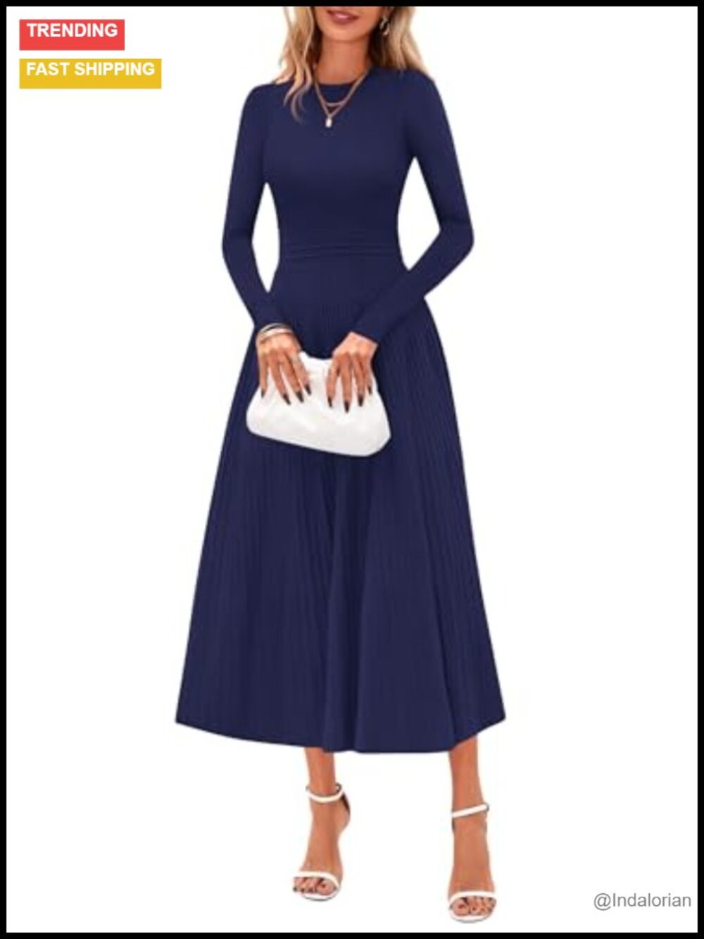 Long Sleeve Knit Maxi Sweater Dress Crew Neck Pleated A-Line Stretch Office